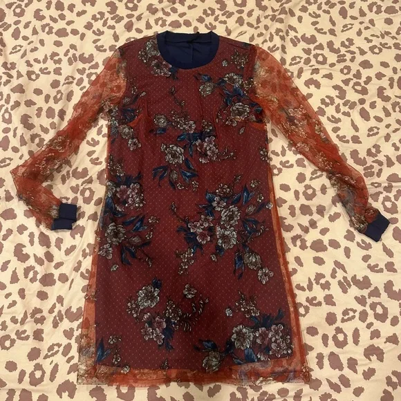 Long sleeve mesh burgundy and navy dress - Picture 12 of 14